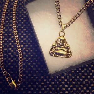 Gold Tone Buddha Charm Pendant Curb Link Chain.